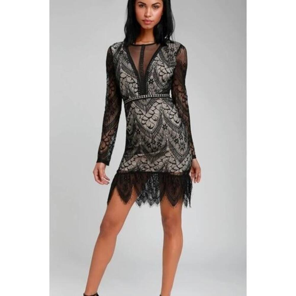 Astr the Label Chelsi Black And Nude Lace Long‎ Sleeve Bodycon Dress Size XS